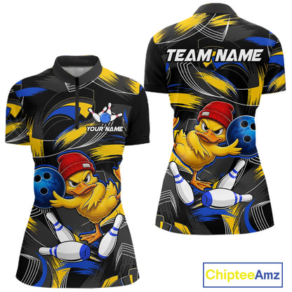Blue And Yellow Funny Duck Bowling Shirts For Women Personalized Bowling Team Name Outfits NYN3190