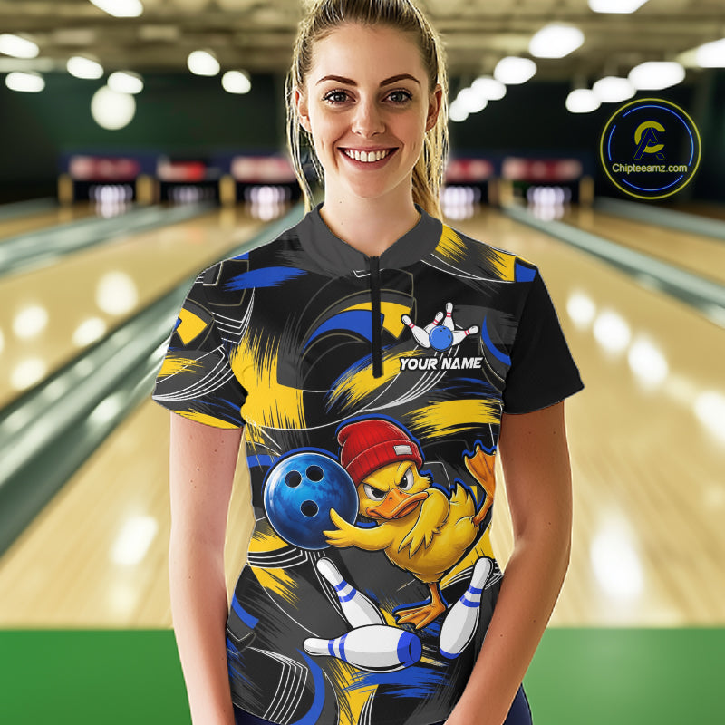 Blue And Yellow Funny Duck Bowling Shirts For Women Personalized Bowling Team Name Outfits NYN3190