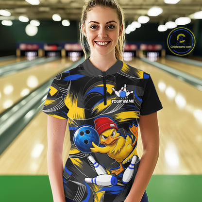 Blue And Yellow Funny Duck Bowling Shirts For Women Personalized Bowling Team Name Outfits NYN3190