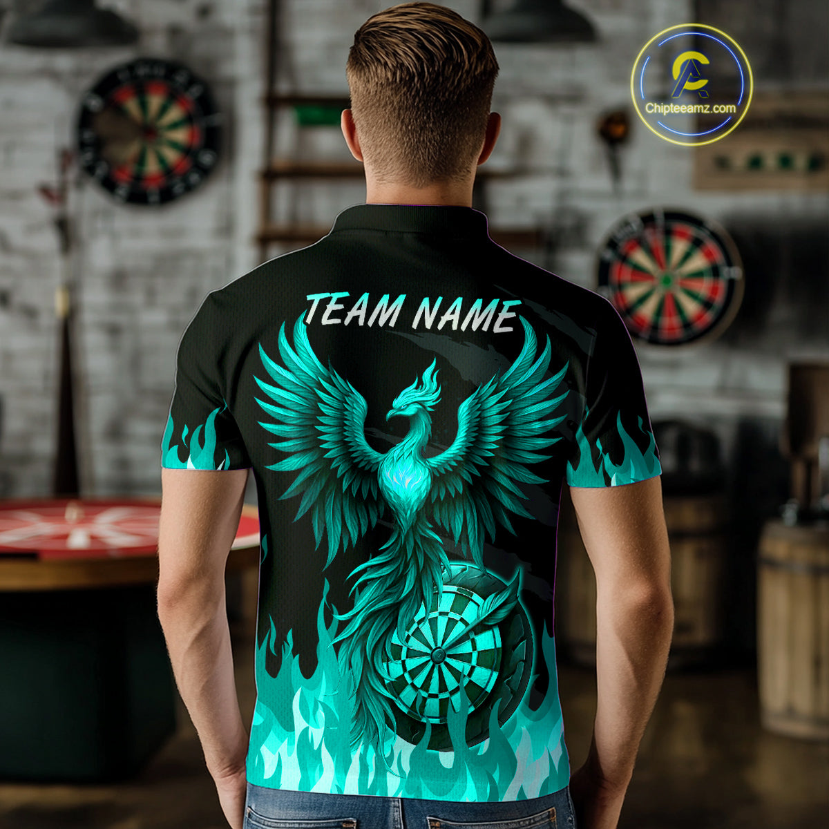Custom Turquoise Flames Phoenix Dartboard Dart Polo Jersey For Men Dart Tournament Team Shirts NYN0982