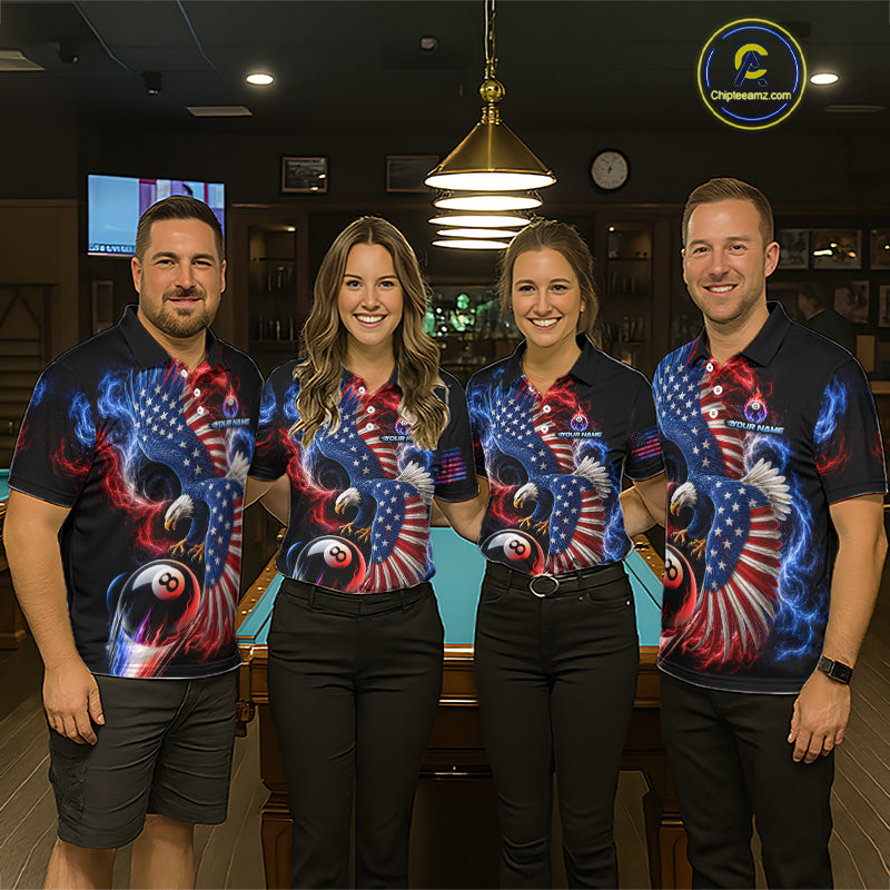 Custom Thunder 8 Ball Pool Jersey For Women US Flag Fire Eagle Billiard Polo Quarter-Zip Shirt NYN4008