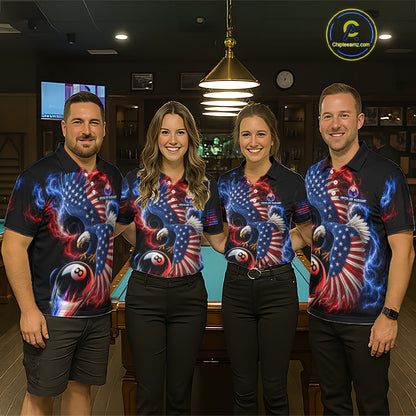 Custom Thunder 8 Ball Pool Jersey For Women US Flag Fire Eagle Billiard Polo Quarter-Zip Shirt NYN4008