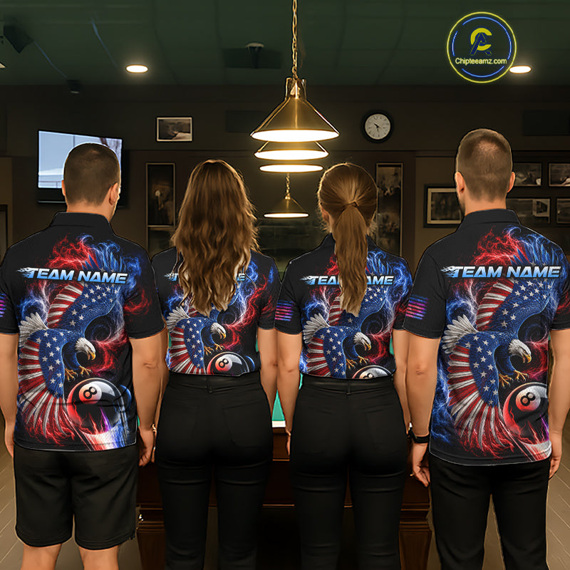 Custom Thunder 8 Ball Pool Jersey For Women US Flag Fire Eagle Billiard Polo Quarter-Zip Shirt NYN4008