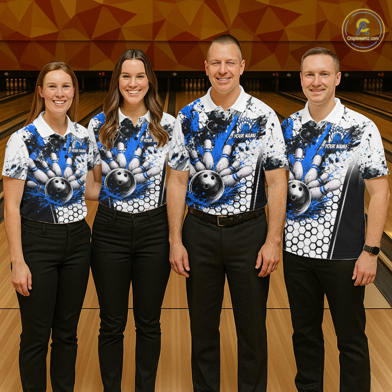 Custom Black And Blue Splatter Womens Bowling Shirt Splash Bowling Tournament Team Jersey NYN4011