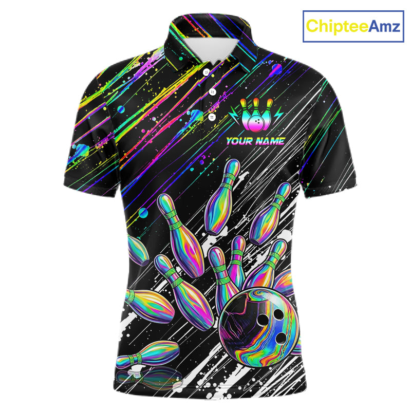Holographic Strike Bowling Ball & Pins Jersey For Men Custom Splatter Paint Bowling Team Shirts NYN3200