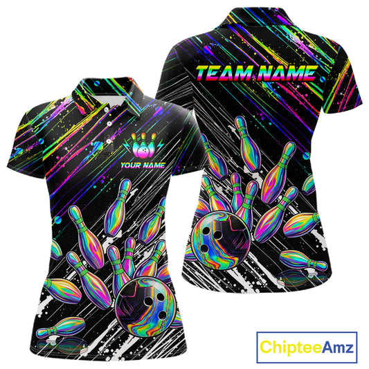 Holographic Strike Bowling Ball & Pins Jersey For Women Custom Splatter Paint Bowling Team Shirts NYN3200