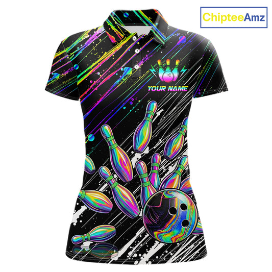 Holographic Strike Bowling Ball & Pins Jersey For Women Custom Splatter Paint Bowling Team Shirts NYN3200