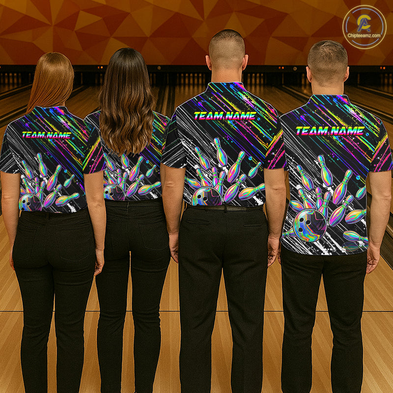 Holographic Strike Bowling Ball & Pins Jersey For Men Custom Splatter Paint Bowling Team Shirts NYN3200