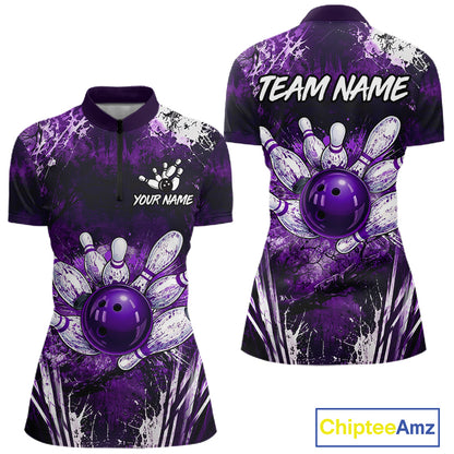 Women's white purple splatter bowling ball quarter zip bowling shirt mockup