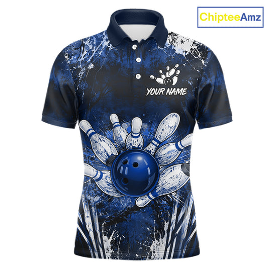 Men's white blue splatter paint bowling ball polo shirt custom bowling jersey mockup