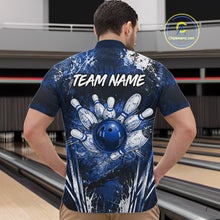 Load image into Gallery viewer, Men's white blue splatter bowling ball quarter zip bowling shirt mockup