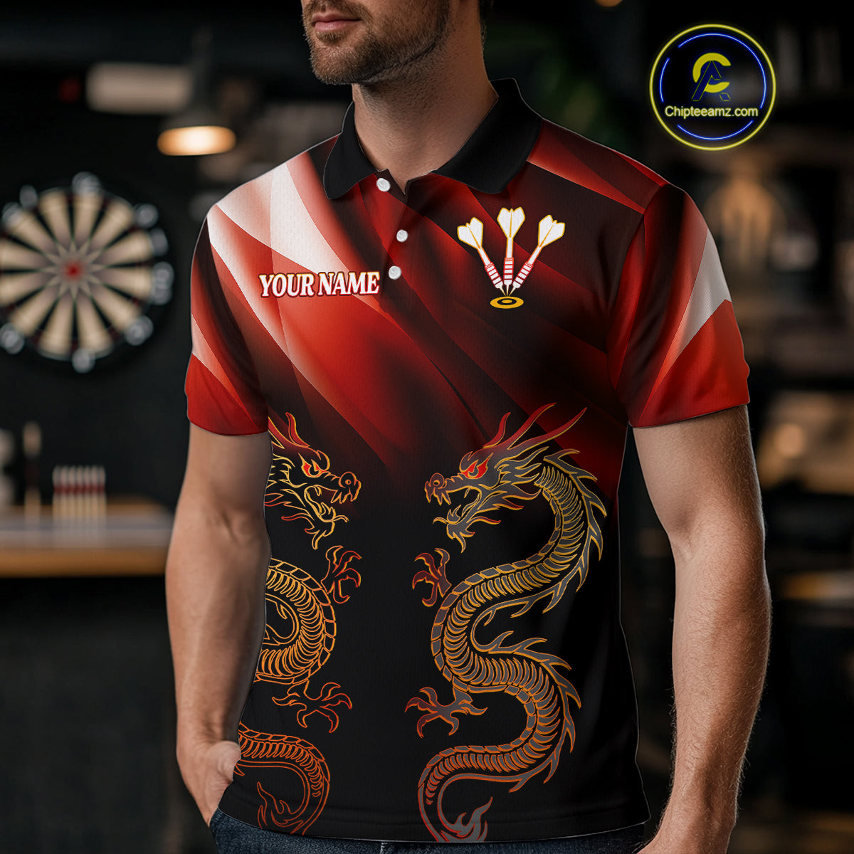 Flame Dragons With Golden Darts Men's Darts Team Shirt - Custom Name For Players NYN0500