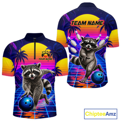 Funny raccoon quarter zip bowling shirt for men custom bowling jersey mockup