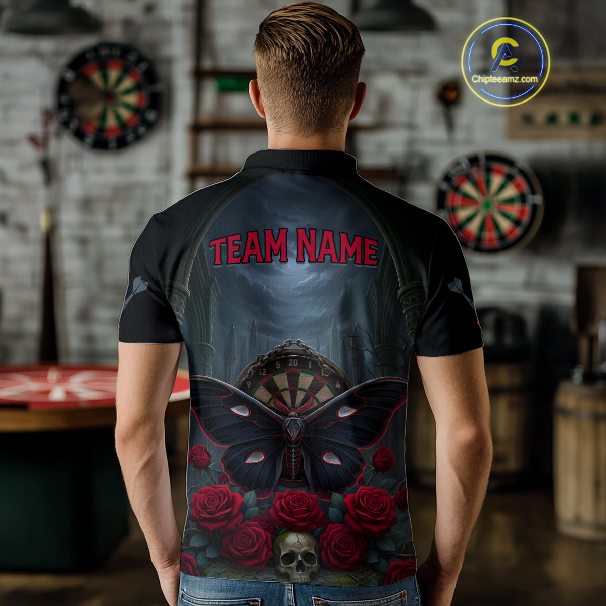 Red Butterfly Roses Dartboard Skull Custom Men Darts Polo Shirt Gothic Dart Jerseys NYN1911