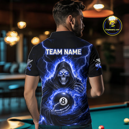 Blue Flames Grim Reaper Holding 8 Ball Pool Men Polo & 1/4-Zip Shirt Personalized Billiard Gifts NYN2661