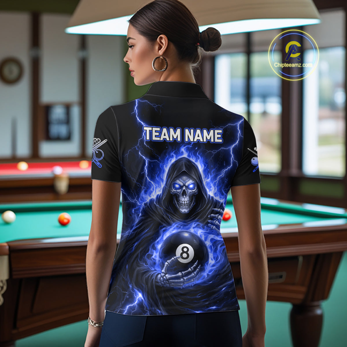 Blue Flames Grim Reaper Holding 8 Ball Pool Women Polo & 1/4-Zip Shirt Personalized Billiard Gifts NYN2661
