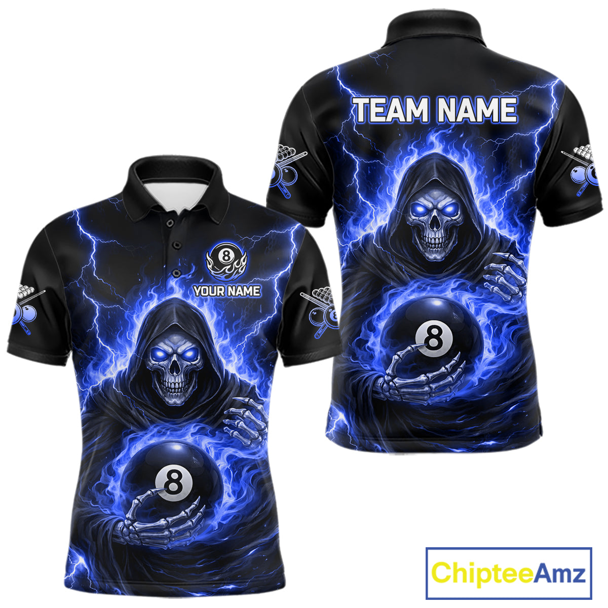Blue Flames Grim Reaper Holding 8 Ball Pool Men Polo & 1/4-Zip Shirt Personalized Billiard Gifts NYN2661