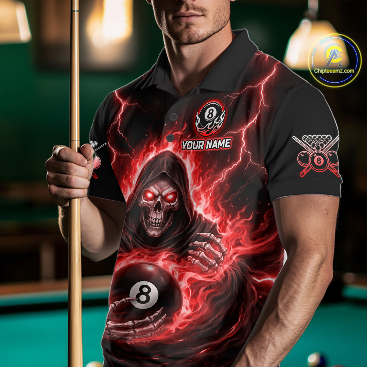 Red Flames Grim Reaper Holding 8 Ball Pool Men Polo & 1/4-Zip Shirt Personalized Billiard Gifts NYN2662