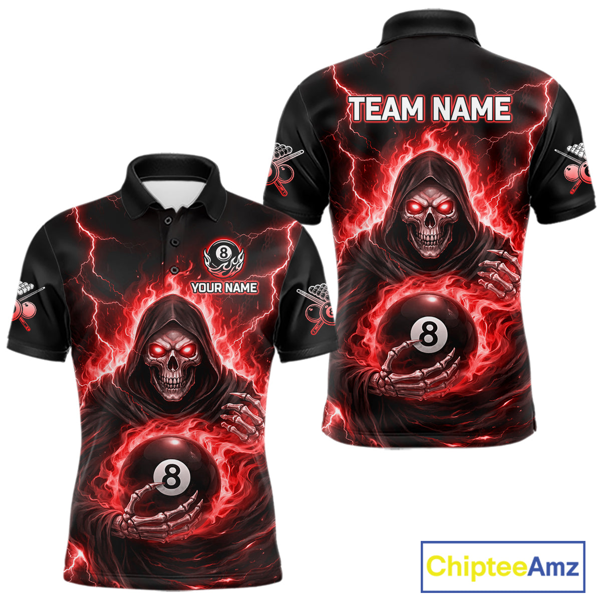 Red Flames Grim Reaper Holding 8 Ball Pool Men Polo & 1/4-Zip Shirt Personalized Billiard Gifts NYN2662