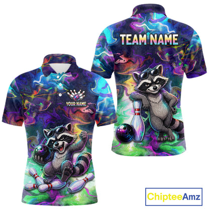 Funny Raccoon Neon Colorful Bowling Polo Quarter-Zip Shirt For Men Custom Bowling Tournament Jersey NYN3747