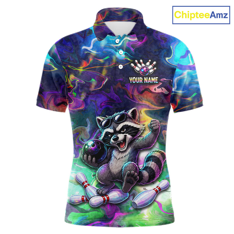 Funny Raccoon Neon Colorful Bowling Polo Quarter-Zip Shirt For Men Custom Bowling Tournament Jersey NYN3747