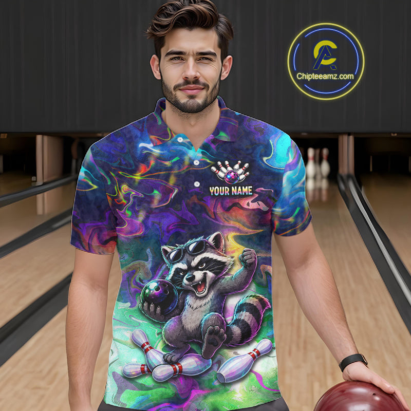 Funny Raccoon Neon Colorful Bowling Polo Quarter-Zip Shirt For Men Custom Bowling Tournament Jersey NYN3747
