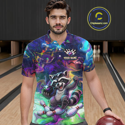 Funny Raccoon Neon Colorful Bowling Polo Quarter-Zip Shirt For Men Custom Bowling Tournament Jersey NYN3747