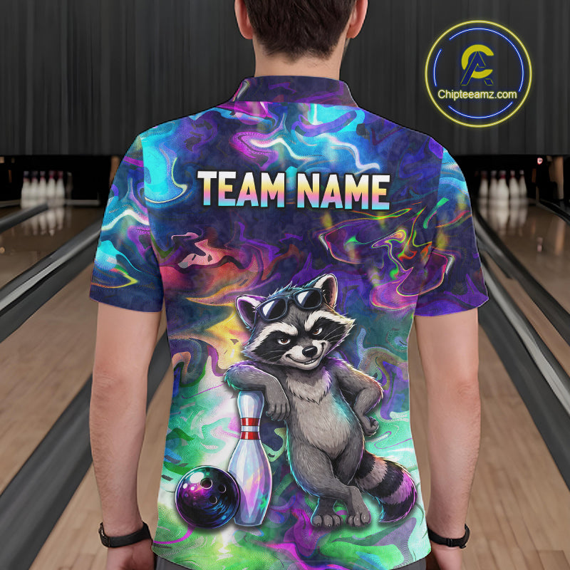 Funny Raccoon Neon Colorful Bowling Polo Quarter-Zip Shirt For Men Custom Bowling Tournament Jersey NYN3747