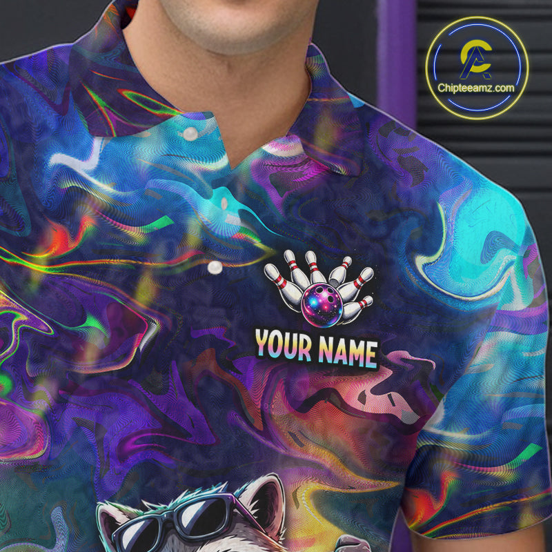Funny Raccoon Neon Colorful Bowling Polo Quarter-Zip Shirt For Men Custom Bowling Tournament Jersey NYN3747