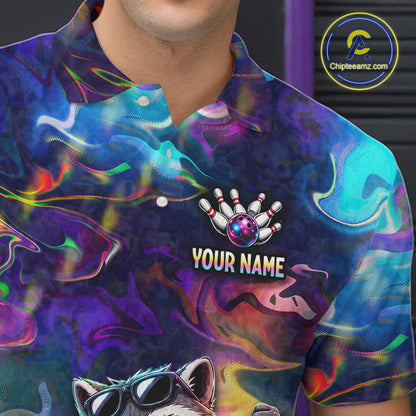 Funny Raccoon Neon Colorful Bowling Polo Quarter-Zip Shirt For Men Custom Bowling Tournament Jersey NYN3747
