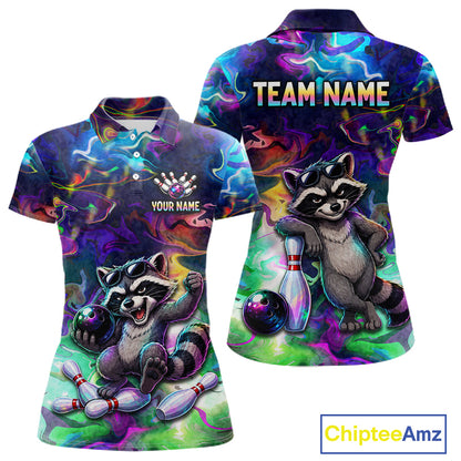 Funny Raccoon Neon Colorful Bowling Polo Quarter-Zip Shirt For Women Custom Bowling Tournament Jersey NYN3747