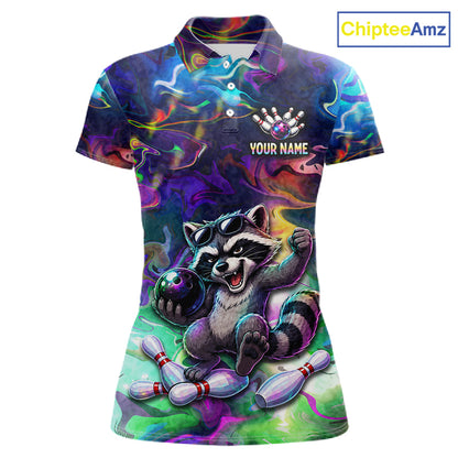 Funny Raccoon Neon Colorful Bowling Polo Quarter-Zip Shirt For Women Custom Bowling Tournament Jersey NYN3747