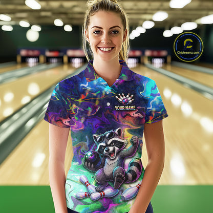 Funny Raccoon Neon Colorful Bowling Polo Quarter-Zip Shirt For Women Custom Bowling Tournament Jersey NYN3747
