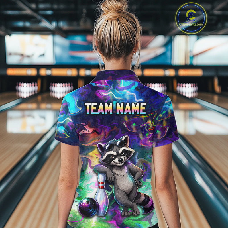 Funny Raccoon Neon Colorful Bowling Polo Quarter-Zip Shirt For Women Custom Bowling Tournament Jersey NYN3747