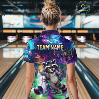 Funny Raccoon Neon Colorful Bowling Polo Quarter-Zip Shirt For Women Custom Bowling Tournament Jersey NYN3747