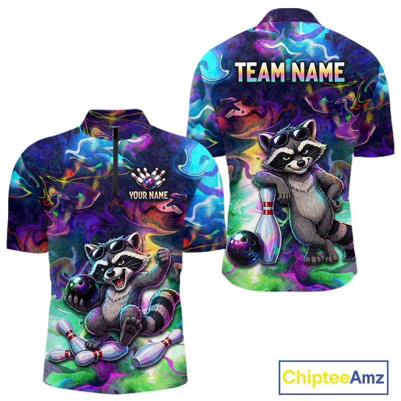 Funny Raccoon Neon Colorful Bowling Polo Quarter-Zip Shirt For Men Custom Bowling Tournament Jersey NYN3747