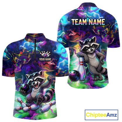 Funny Raccoon Neon Colorful Bowling Polo Quarter-Zip Shirt For Men Custom Bowling Tournament Jersey NYN3747