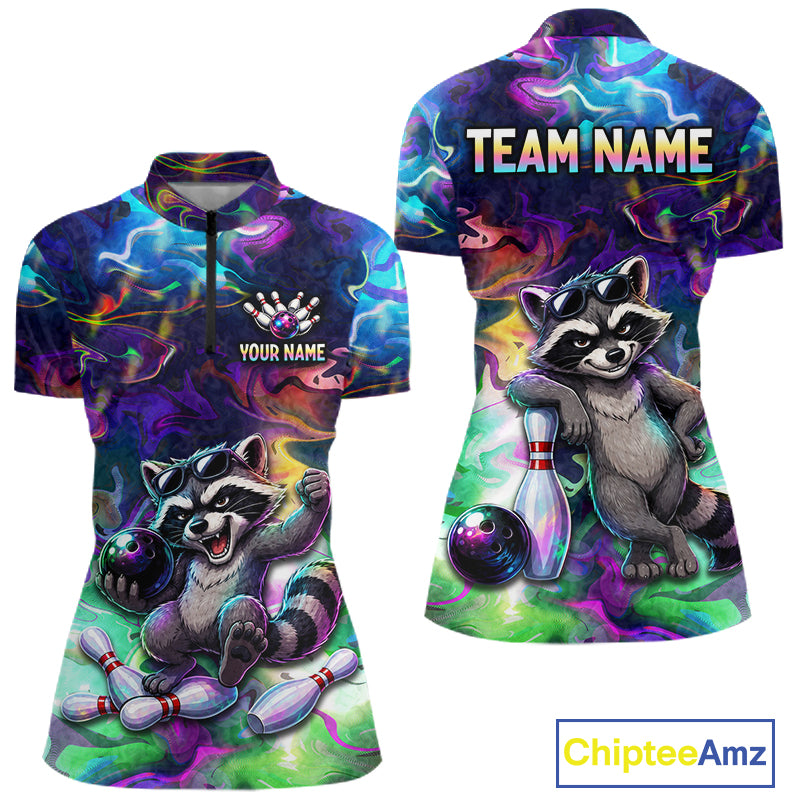 Funny Raccoon Neon Colorful Bowling Polo Quarter-Zip Shirt For Women Custom Bowling Tournament Jersey NYN3747