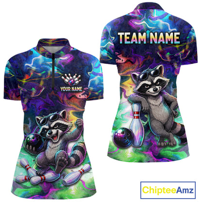 Funny Raccoon Neon Colorful Bowling Polo Quarter-Zip Shirt For Women Custom Bowling Tournament Jersey NYN3747
