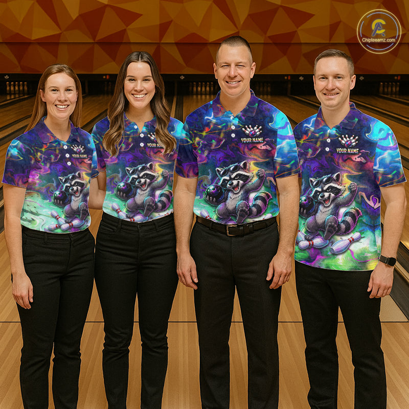 Funny Raccoon Neon Colorful Bowling Polo Quarter-Zip Shirt For Women Custom Bowling Tournament Jersey NYN3747