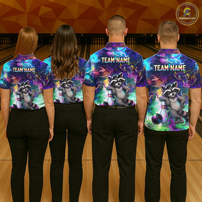 Funny Raccoon Neon Colorful Bowling Polo Quarter-Zip Shirt For Women Custom Bowling Tournament Jersey NYN3747