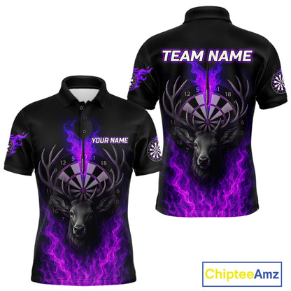 Custom Purple Flames Dartboard Deer Funny Dart Men Polo Shirt Dart Team Jerseys NYN1632