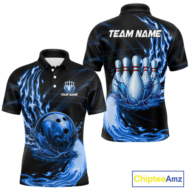 Men's blue water flame bowling ball and pins polo shirt mockup custom bowling team jersey