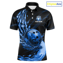 Load image into Gallery viewer, Men's blue water flame bowling ball and pins polo shirt mockup custom bowling team jersey