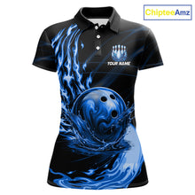 Load image into Gallery viewer, Women's blue water flame bowling ball and pins polo shirt mockup custom bowling team jersey