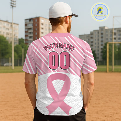 Custom White-Pink Ribbon Baseball Jerseys For Men Breast Cancer Awareness Baseball Shirt NYN1384