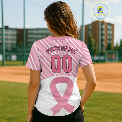 Custom White-Pink Ribbon Baseball Jerseys For Women Breast Cancer Awareness Baseball Shirt NYN1384