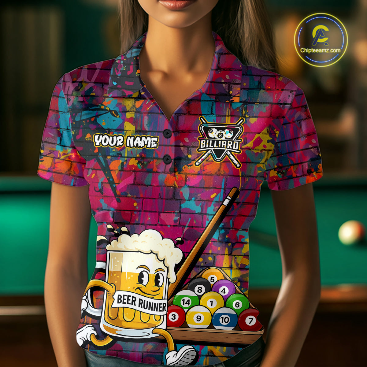 Funny Beer Play Pool 8 Ball Women's Billiard Team Shirt Custom Colorful Splatter Billiard Attire NYN2476