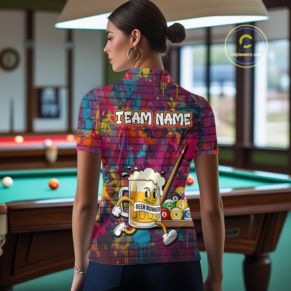 Funny Beer Play Pool 8 Ball Women's Billiard Team Shirt Custom Colorful Splatter Billiard Attire NYN2476
