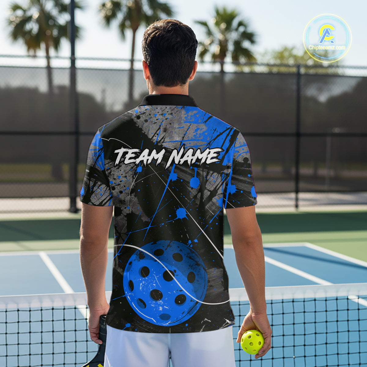 Custom Black Grunge Blue Pickleball Ball T-Shirt For Men Splatter Pickleball Jerseys NYN2482